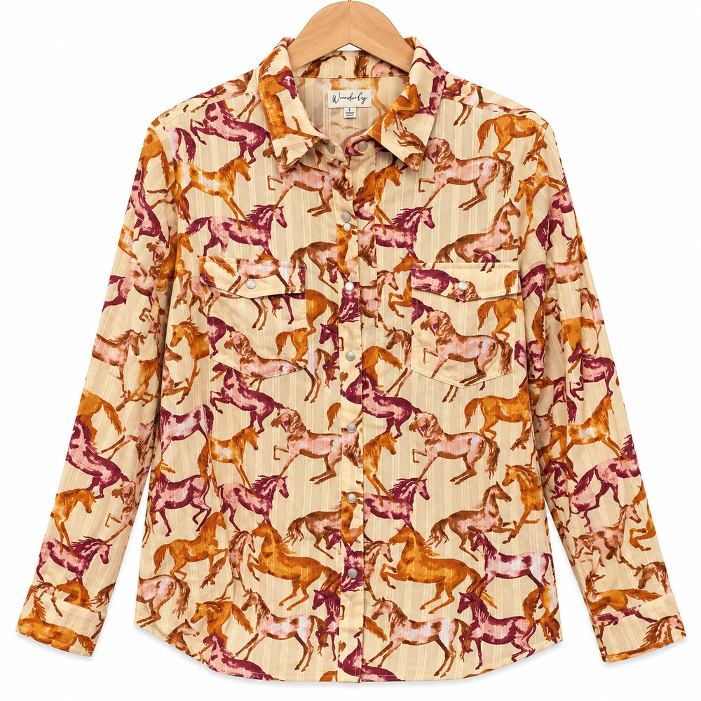 Wonderly Pearl Snap Shirt Womens Large Long Sleeve Horse Print Equestrian NWT